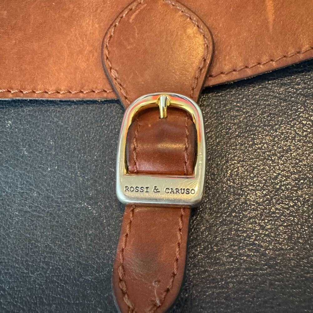 Rossi & Caruso Vintage 100% Leather Crossbody Bag Two-Tone Brown Navy Buckle - Picture 3 of 16